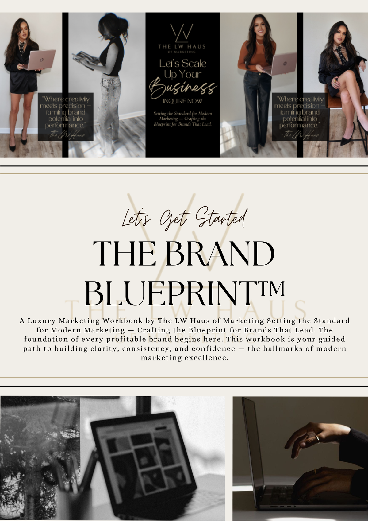 Promotional image for 'The Brand Blueprint' with text and images of a woman using a laptop.