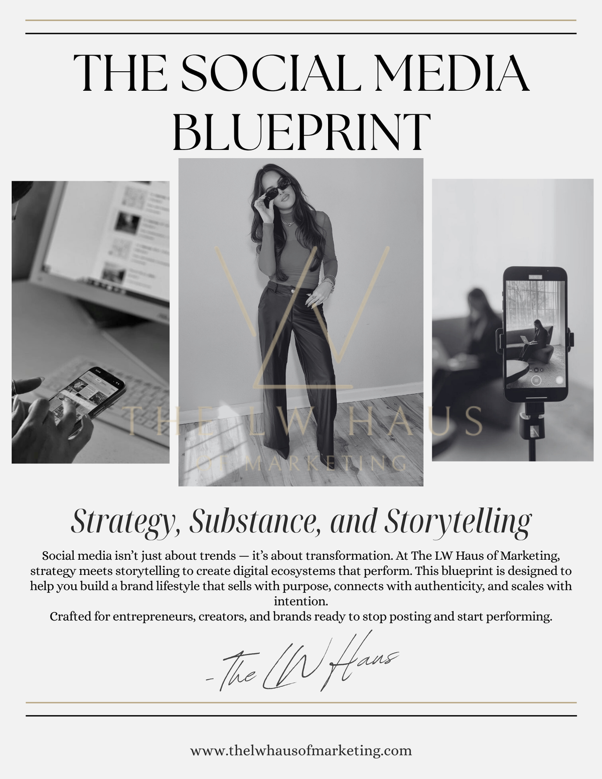 Promotional image for 'The Social Media Blueprint' by The LW haUs, featuring Leah Williams with a phone and text about strategy, substance, and storytelling.
