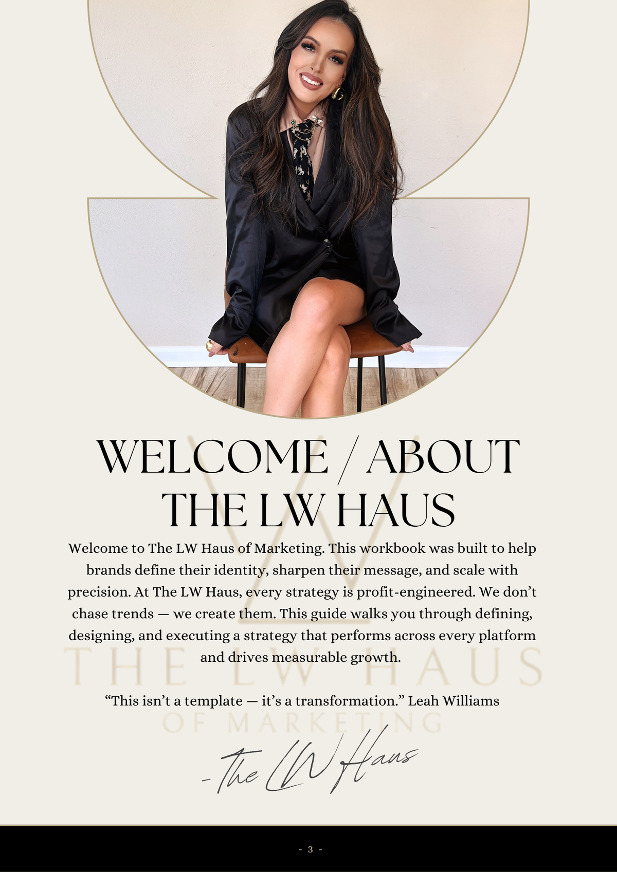 Leah Williams sitting on a chair with text about The LW Haus on a white background