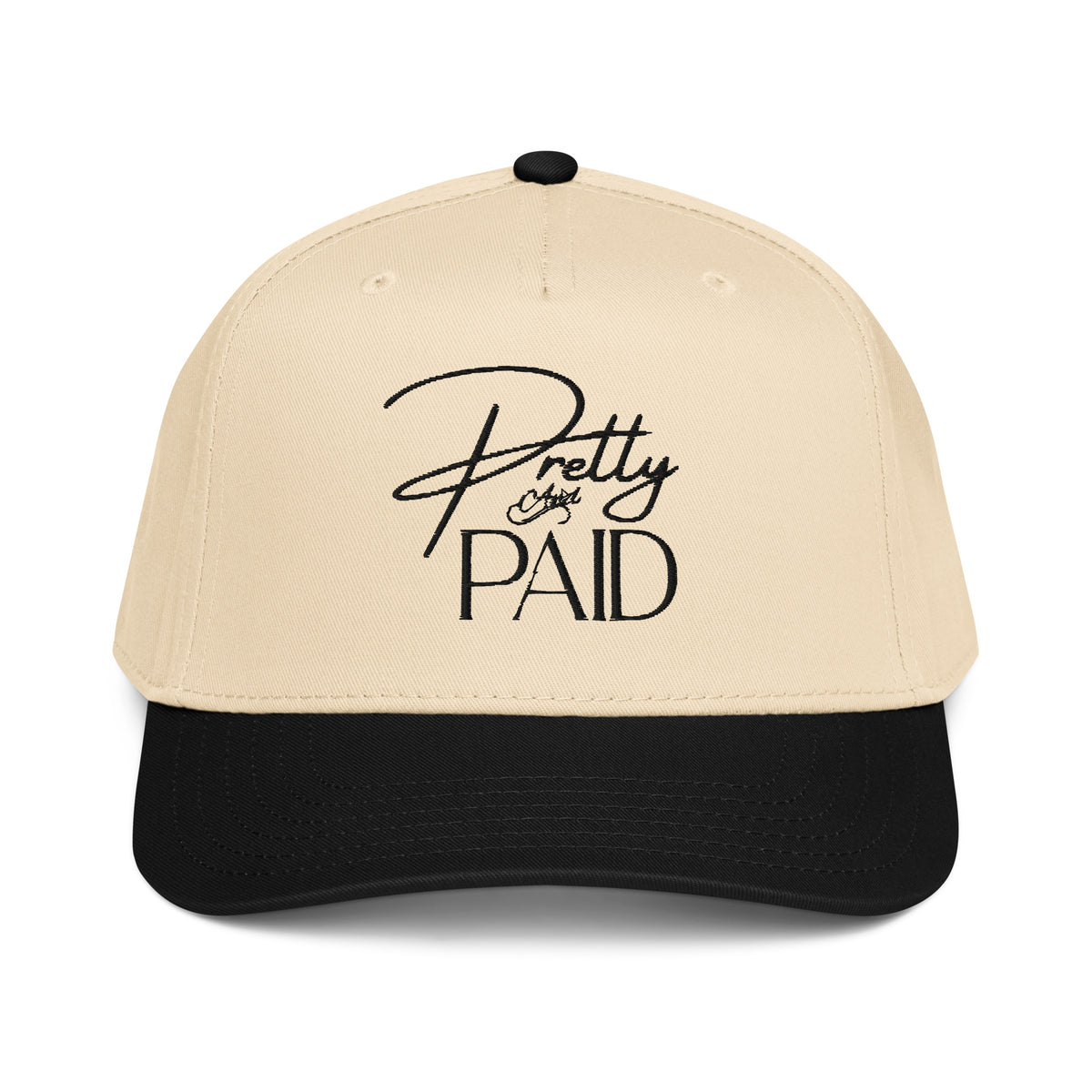 A trendy women’s trucker cap for everyday wear, the Pretty & Paid Hat is a stylish 5 panel snapback hat for women designed for casual outfits, streetwear style, and content creation.