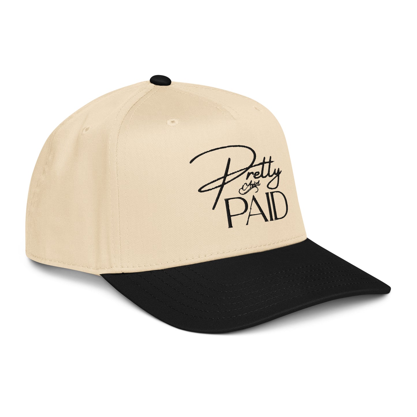 A trendy women’s trucker cap for everyday wear, the Pretty & Paid Hat is a stylish 5 panel snapback hat for women designed for casual outfits, streetwear style, and content creation.