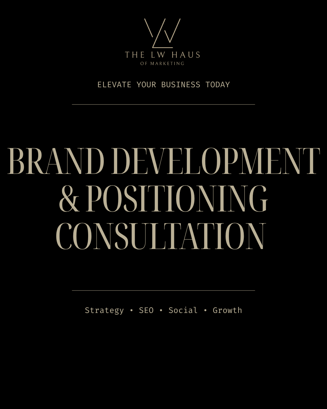 Promotional graphic for LW Haus of Marketing services on a black background. Brand Development