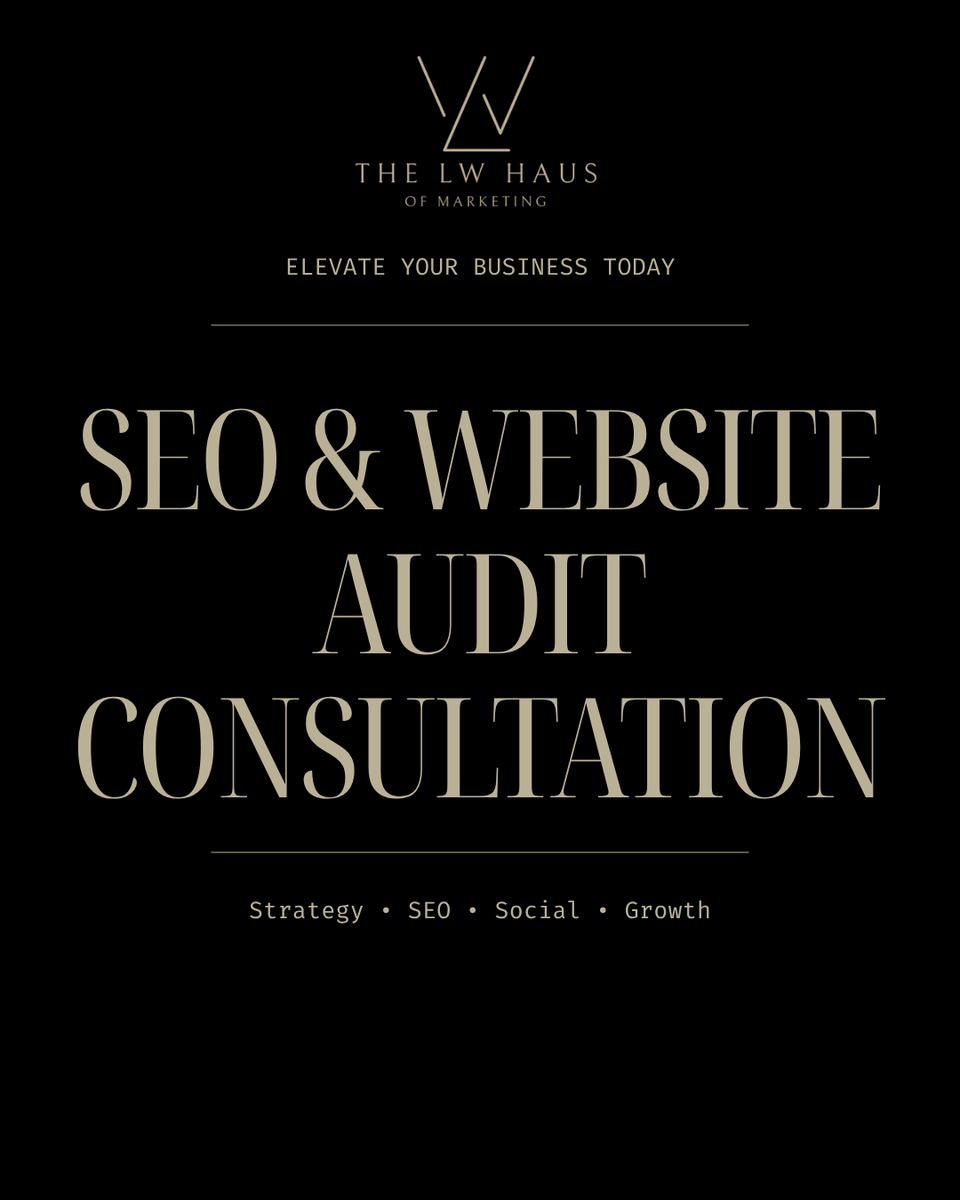 Advertisement for SEO and website audit consultation services by LW Haus on a black background.