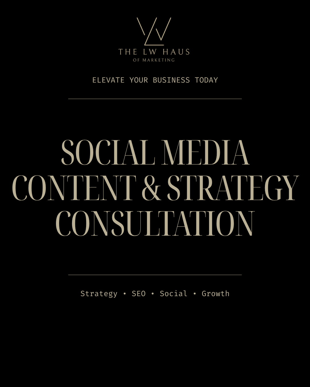 Promotional text for social media content and strategy consultation services on a black background.