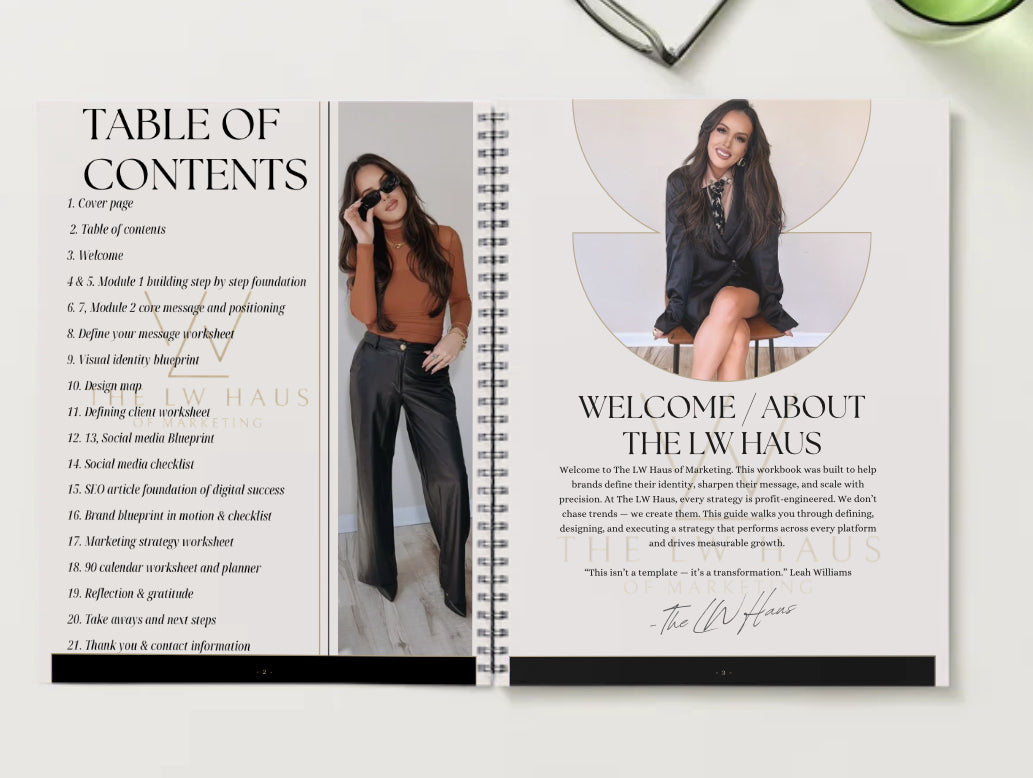 Open magazine showing a table of contents and welcome page with a woman on the cover.