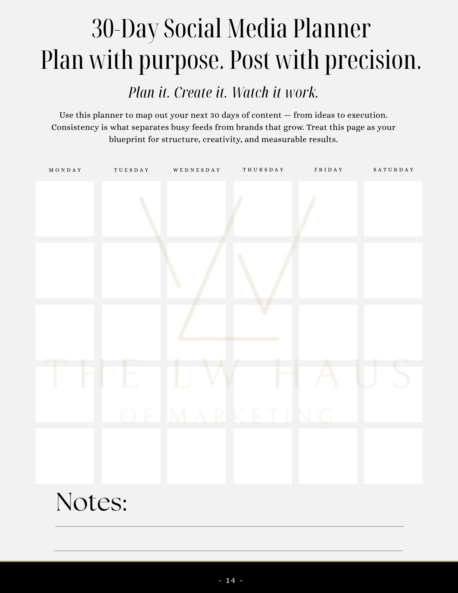 30-Day Social Media Planner with a grid layout for planning social media content.