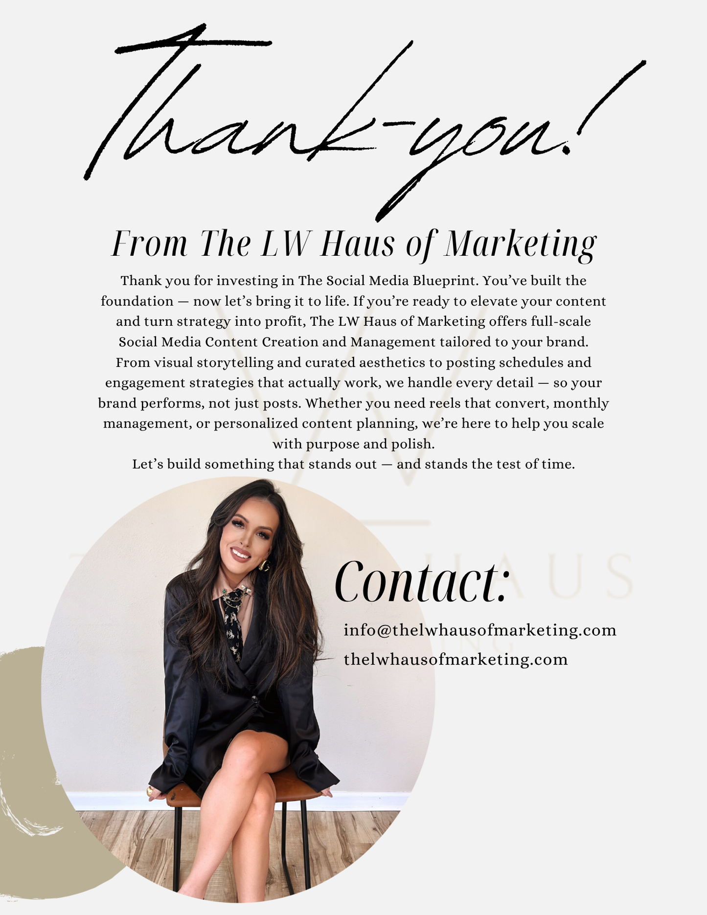 Thank you image for The LW Haus of Marketing with a Leah Williams sitting on a chair.
