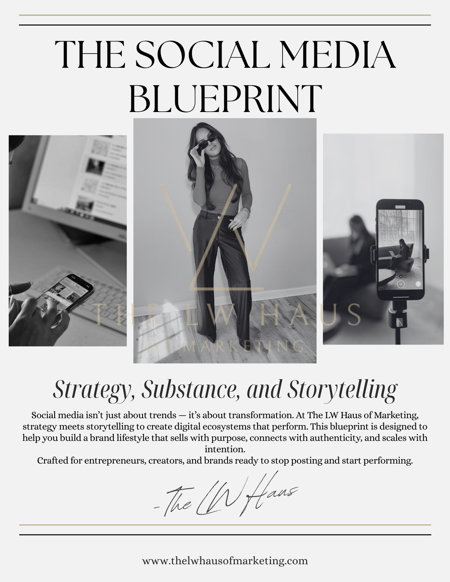 Promotional image for 'The Social Media Blueprint' by The LW haUs, featuring Leah Williams with a phone and text about strategy, substance, and storytelling.