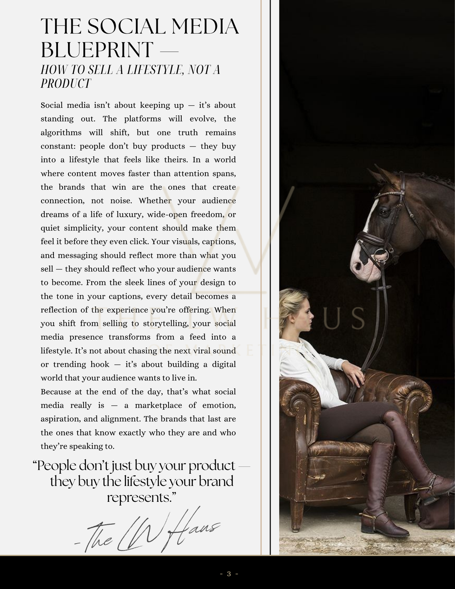 Woman in a chair with a horse, text on social media strategy on the left