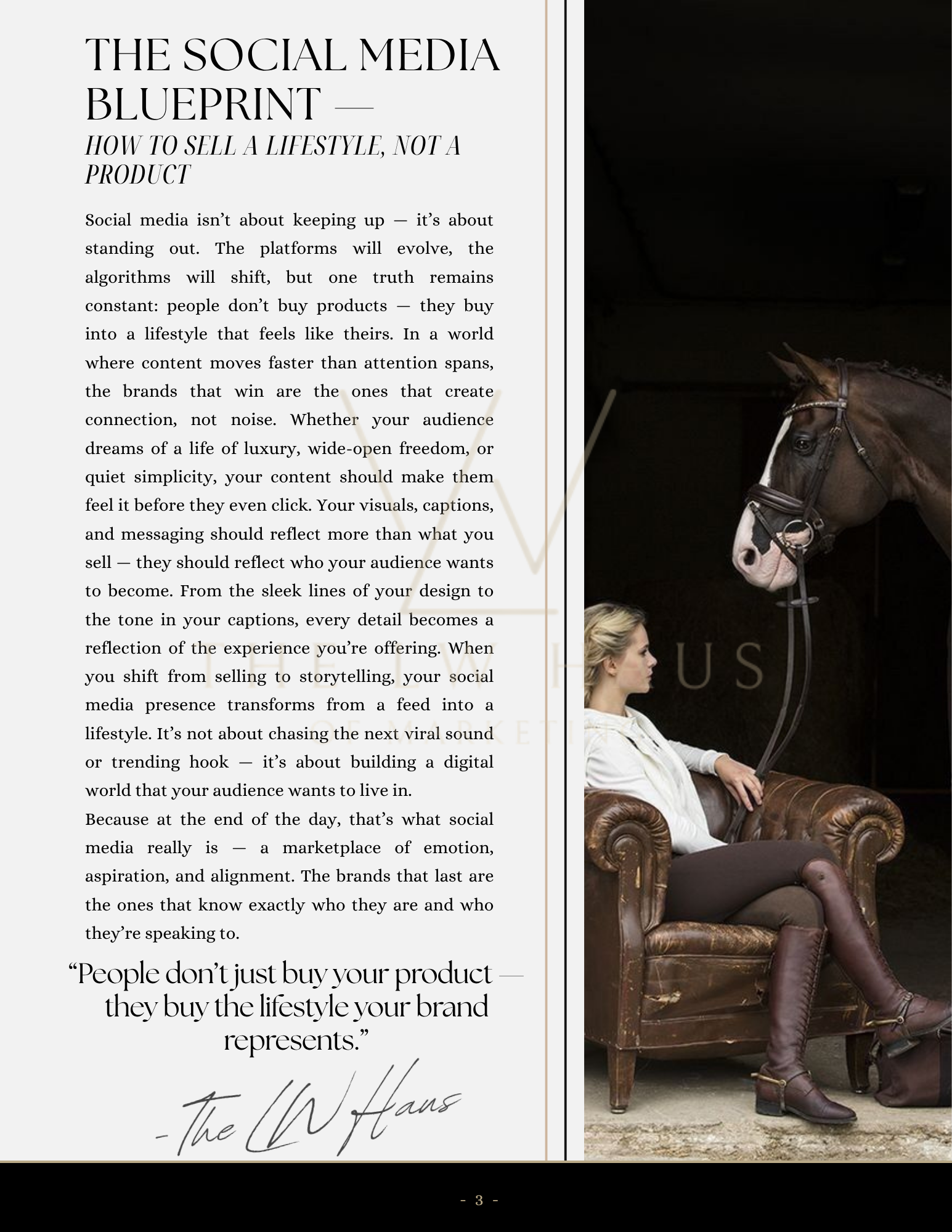 Woman in a chair with a horse, text on social media strategy on the left