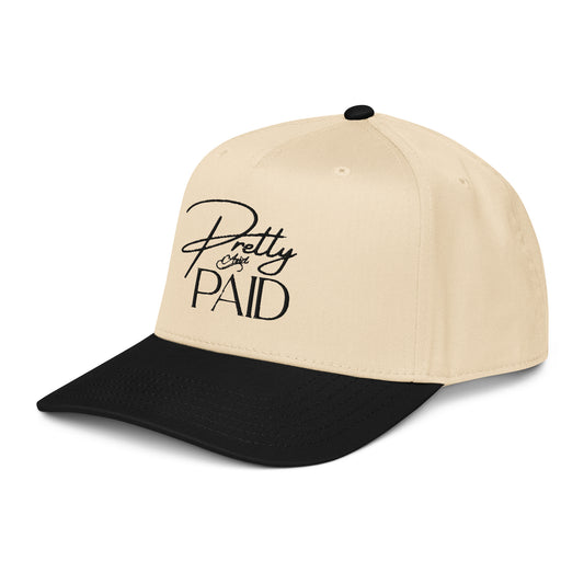 A trendy women’s trucker cap for everyday wear, the Pretty & Paid Hat is a stylish 5 panel snapback hat for women designed for casual outfits, streetwear style, and content creation.