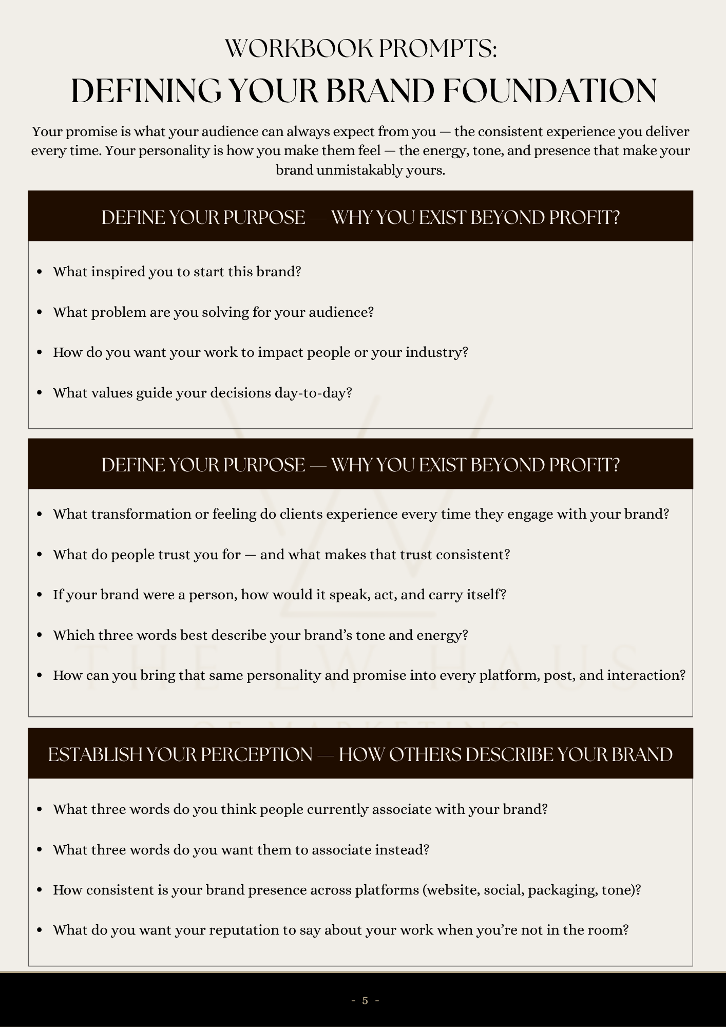 Workbook prompts for defining a brand foundation with text on a white background
