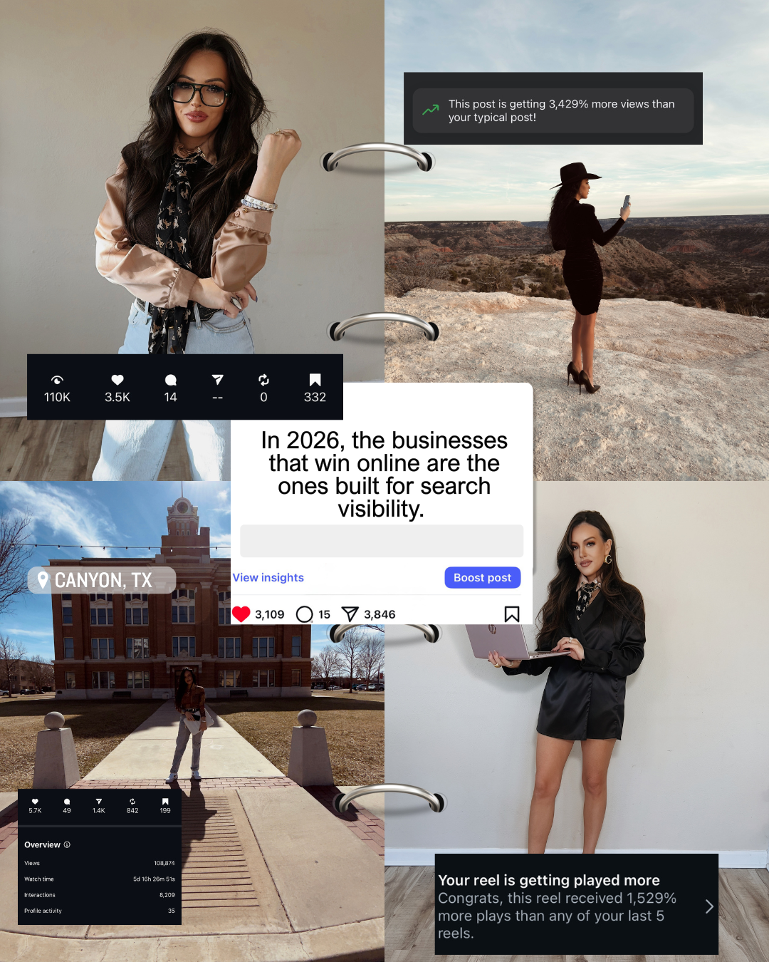 Collage of a woman in various poses with text overlays on a canyon background