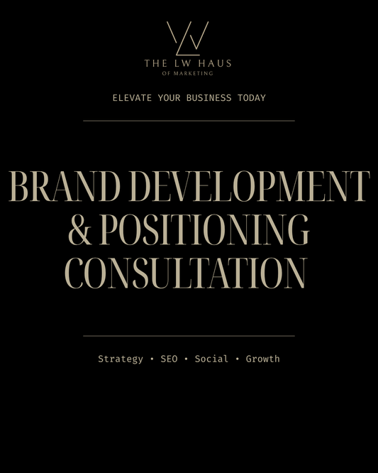 Promotional graphic for LW Haus of Marketing services on a black background. Brand Development