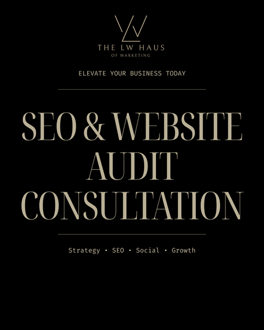 Advertisement for SEO and website audit consultation services by LW Haus on a black background.