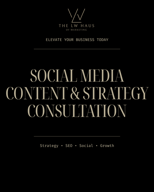 Promotional text for social media content and strategy consultation services on a black background.