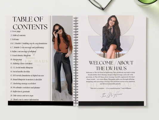 Open magazine showing a table of contents and welcome page with a woman on the cover.