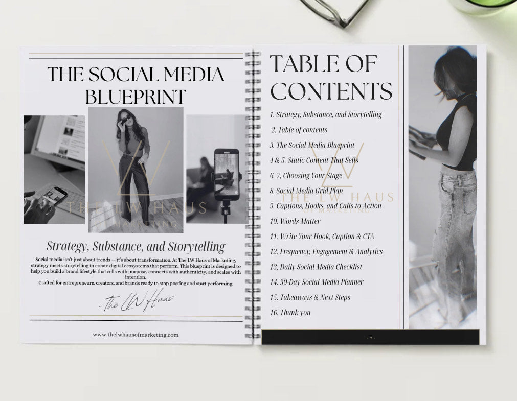 Entrepreneur reading The Social Media Blueprint by The LW Haus of Marketing — printed social media strategy guide with clear cover and premium coil binding.