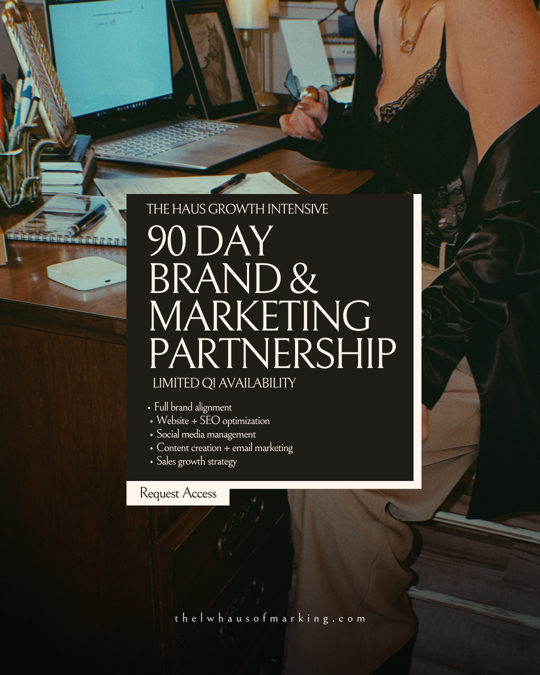 Luxury 90 day brand and marketing partnership by The LW Haus of Marketing featuring website SEO optimization, social media management, content creation, email marketing, and strategic growth services for established businesses.