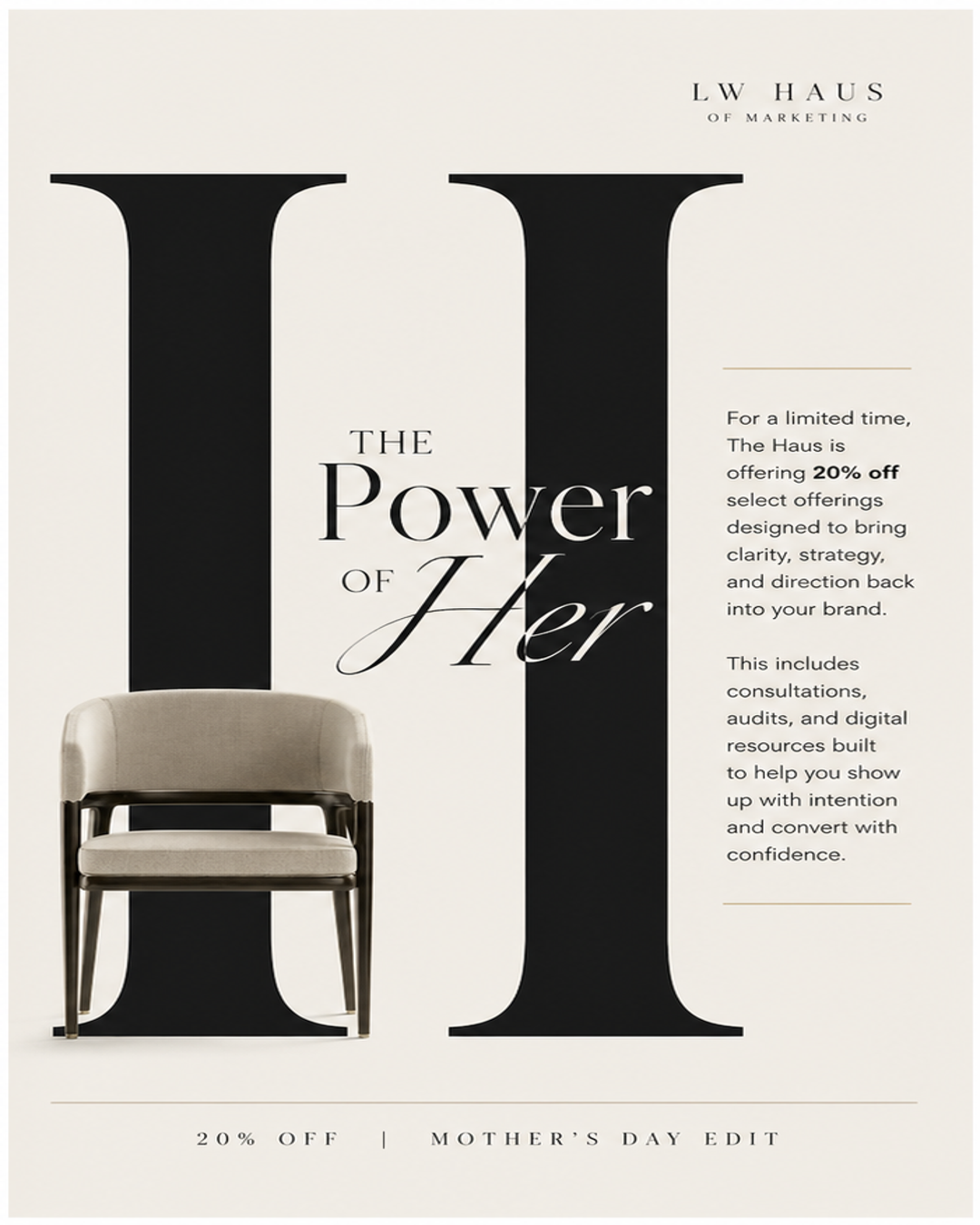 Advertisement for LW Haus featuring a chair and promotional text on a light background