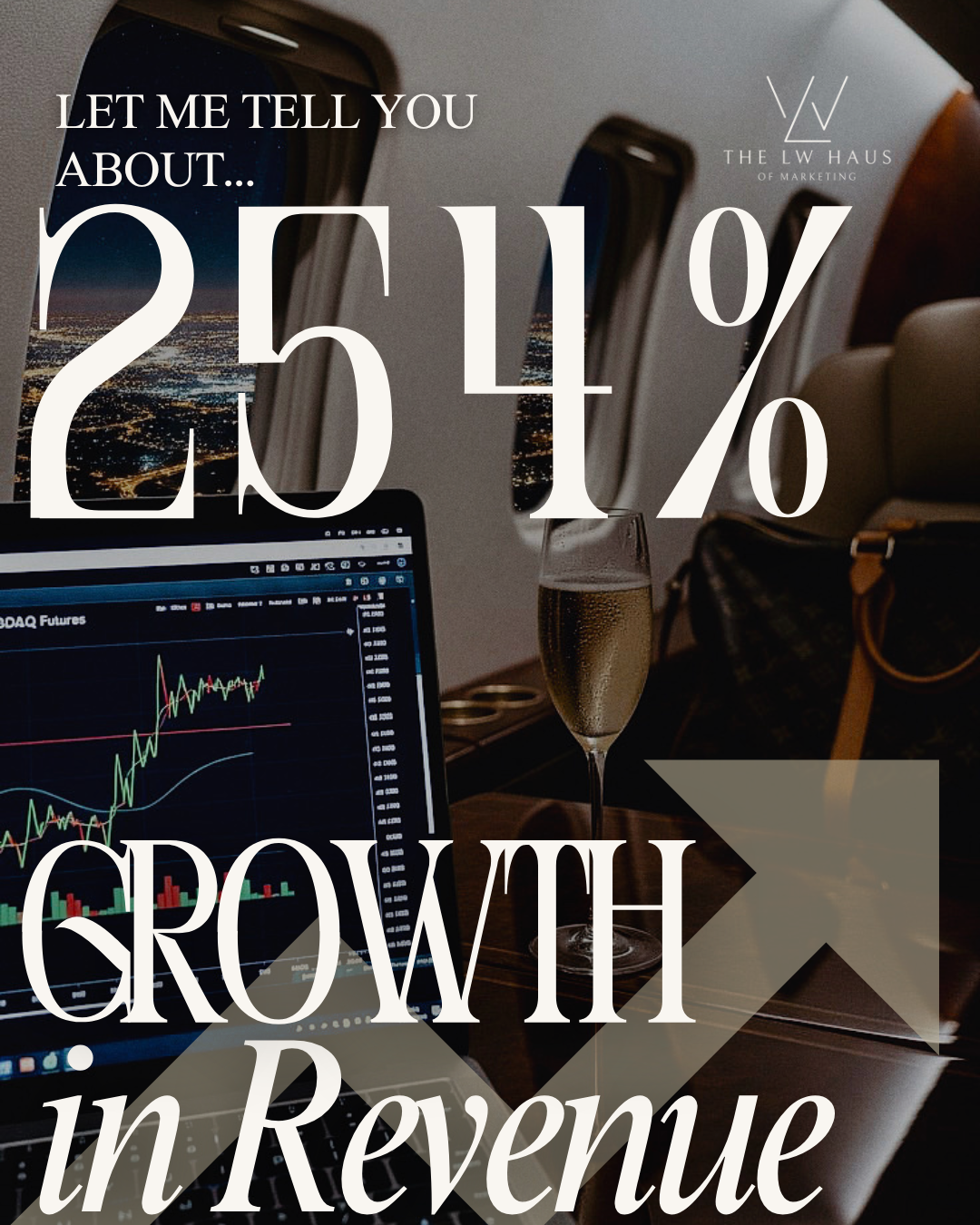 Laptop with financial charts, champagne glass, and text about revenue growth.