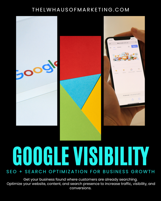 Promotional graphic for Google Visibility with a phone, colorful squares, and Google logo.