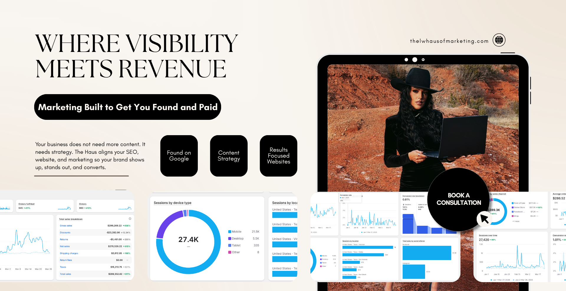 Digital marketing strategy and SEO performance dashboard with analytics charts, website traffic data, and content strategy visuals designed to increase visibility and business revenue