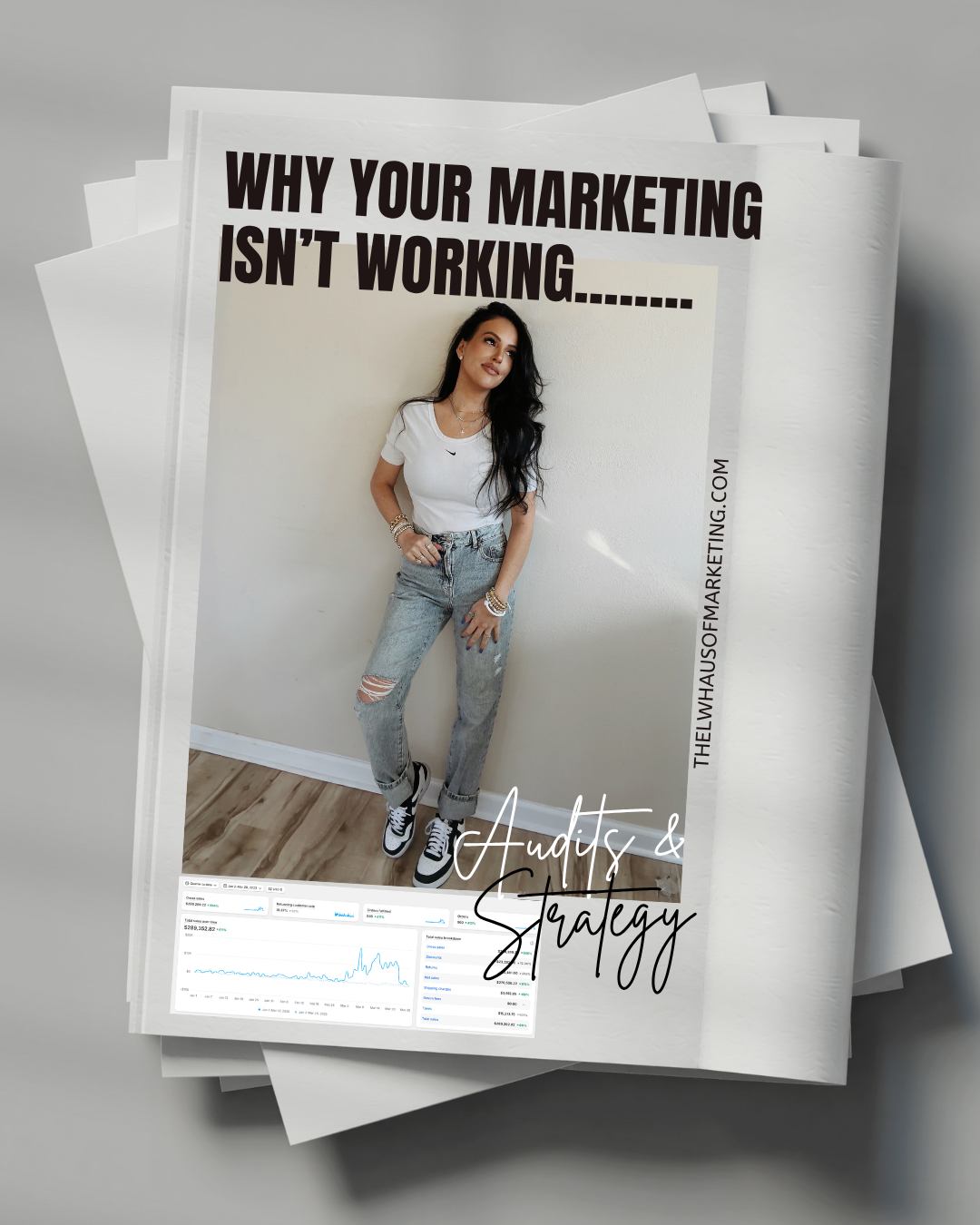 Brochure with a woman on the cover titled 'Why Your Marketing Isn't Working' on a gray background.